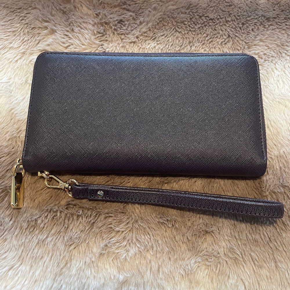 Dark Purple Faux Saffiano Leather Wristlet Wallet